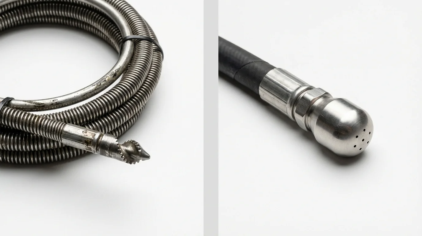 Drain snake cable and hydro jetting nozzle used for drain cleaning in Osceola, IA