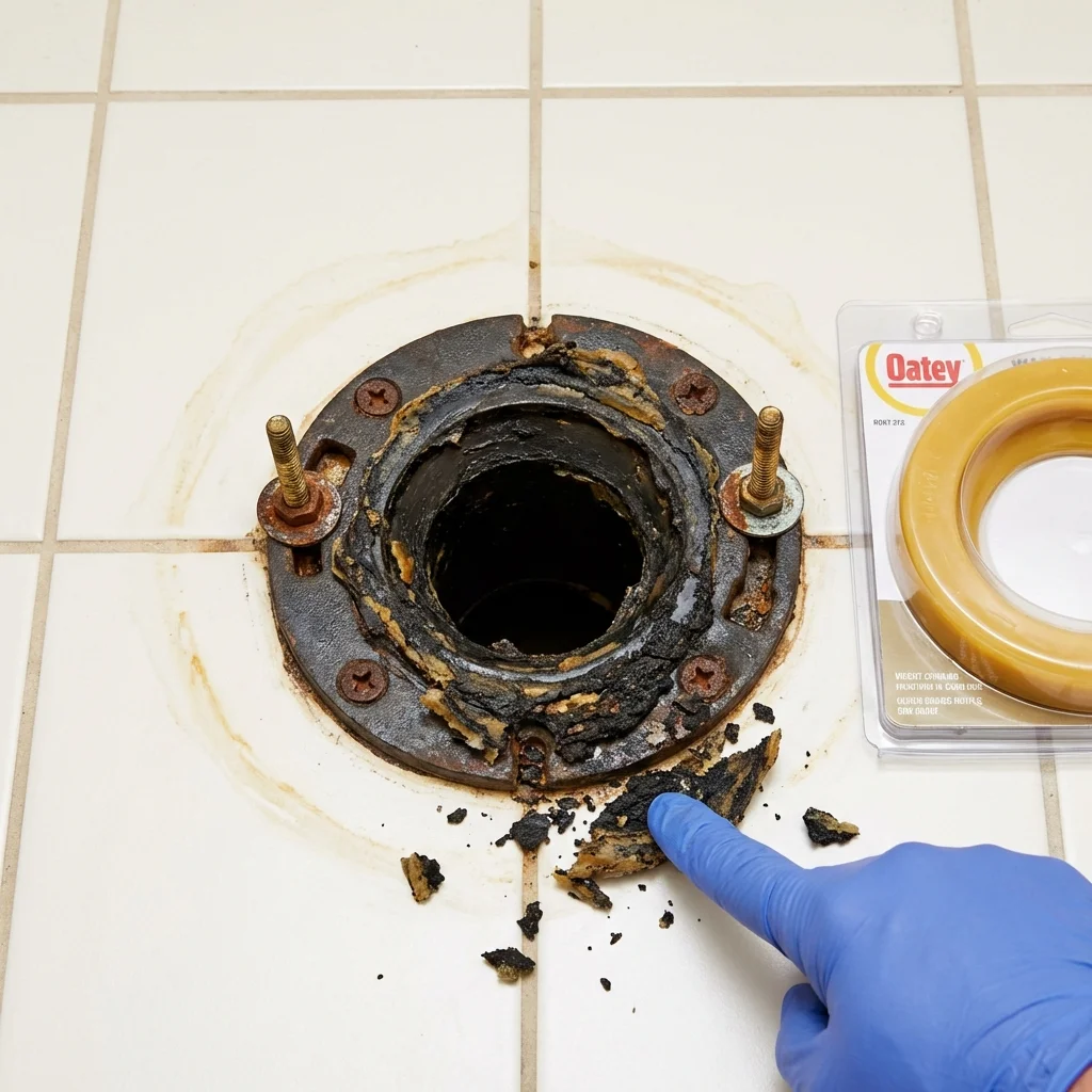 Failed wax ring showing water seepage at the base of a toilet in a Osceola, IA home