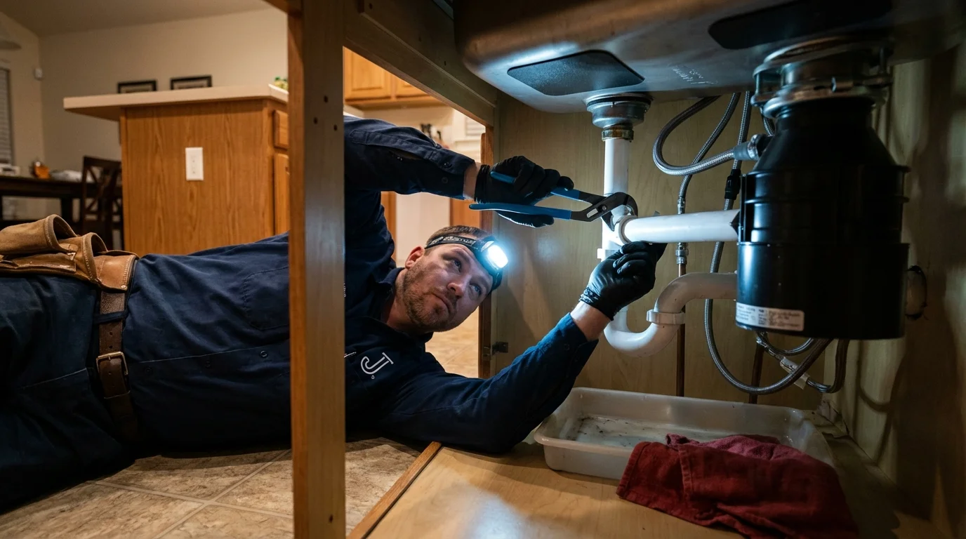 P-trap and supply line connections under a kitchen sink showing a common leak point in Osceola, IA